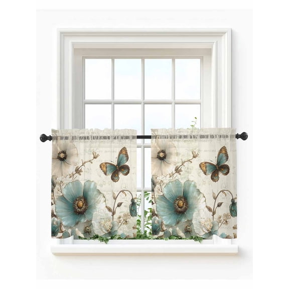Turquoise Flowers Tier Curtains 24 Inch Length,Sheer Curtains for Bedroom Living Room,Vintage Farmhouse Spring Butterfly Rod Pocket Voile Drapes Kitchen Curtains Small Half Window 27.5"x24" 2 Panels