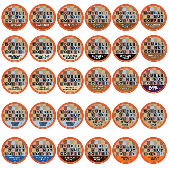 Double Donut Coffee Variety Pack, Including Flavored Coffee Pods, Donut Shop Blend, Medium Roast & Dark Roast Coffee, Single Serve Coffee For Keurig K Cups Machines, 30 Count