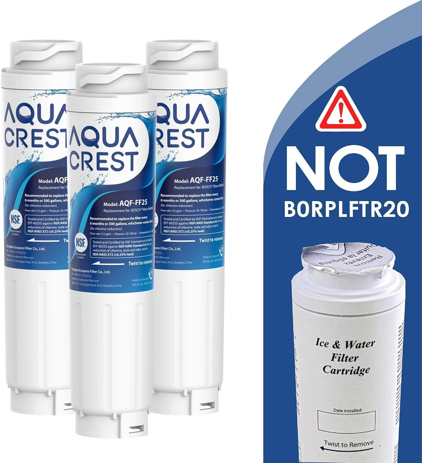 AQUA CREST 644845 Refrigerator Water Filter Replacement for Bosch® Ultra Clarity® 11034152, 9000077104, 9000194412, B26FT70SNS, B22CS80SNS, B22CS50SNS, Haier 0060820860, Miele KWF1000, 3 Filters