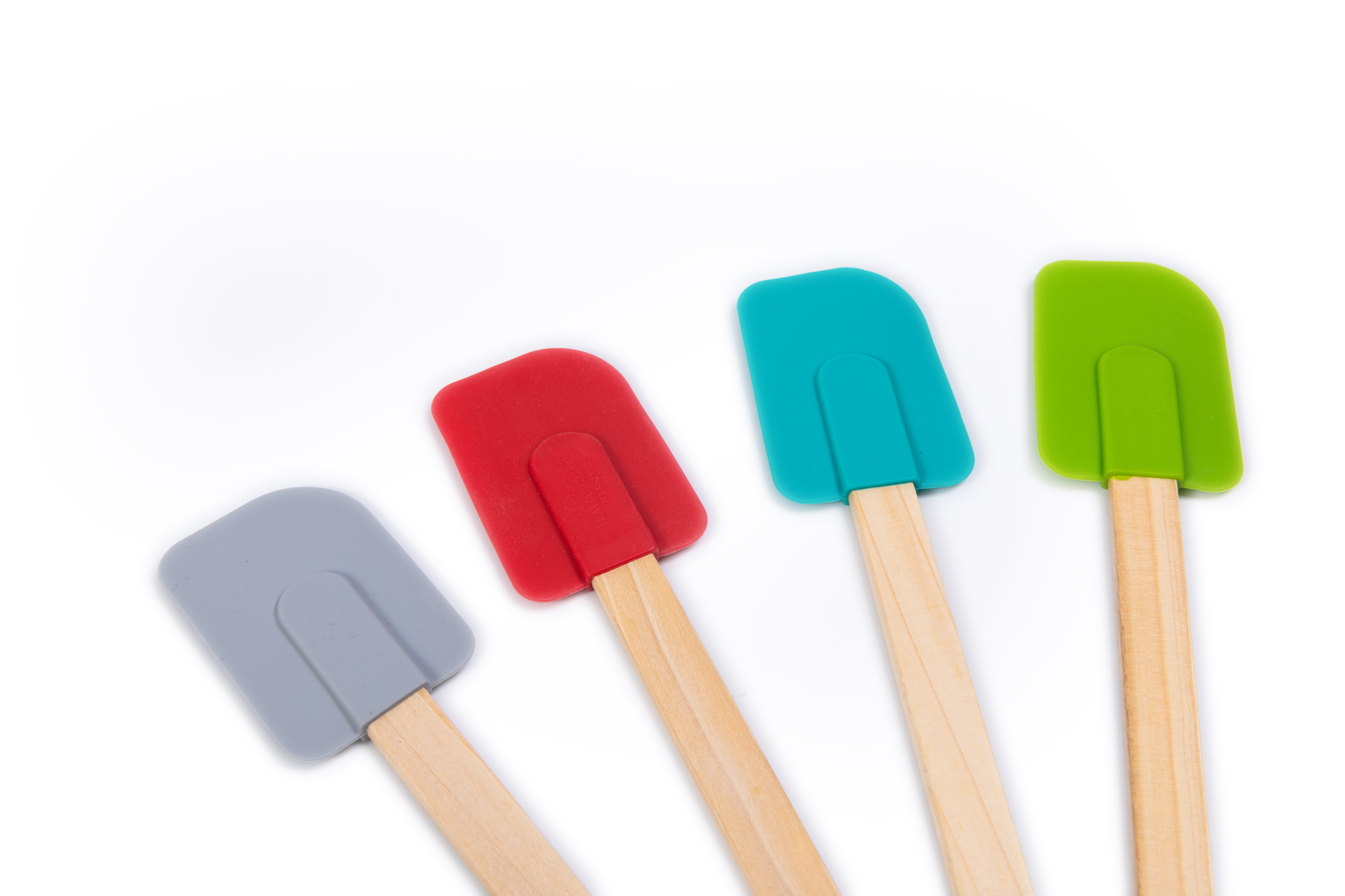 Mainstays Colorful Silicone Spatulas Set 4 with Wooden Handles, Red, Silver, Green and Blue Color