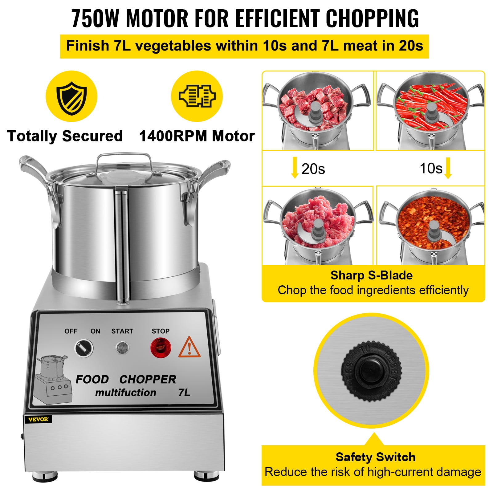 VEVOR Food Processor & Vegetable Chopper, 7 Quart Bowl, 750W Food-Grade  Stainless Steel Food Processor Chopper with 2 Extra S-Curve Blades,  Multifunctional for Chopping Vegetables, Meat, Grains, Nuts