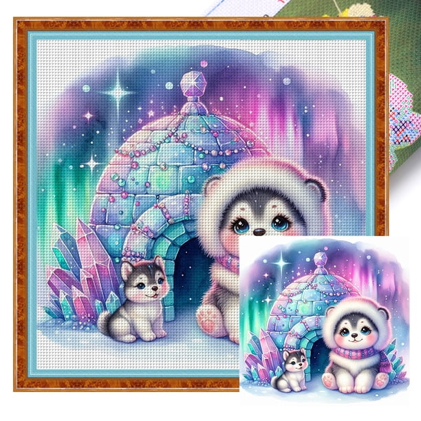 Hilo Algodón Ecológico Bordado Punto Cruz Cachorro Invierno Impreso 11CT 40x40cm
