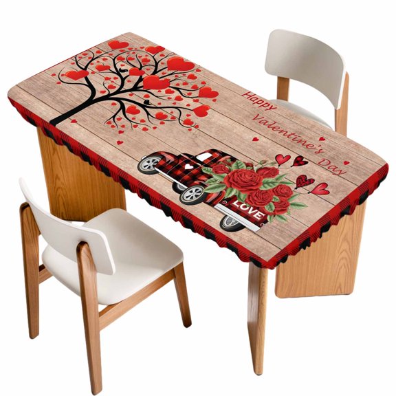 Roses Valentine's Day Table Cloths for 6 Foot Rectangle Tables, Love Heart Truck Wooden Vintage Patio Waterproof Elastic Fitted Tablecloths, Washable Rectangular Table Cover for Camping