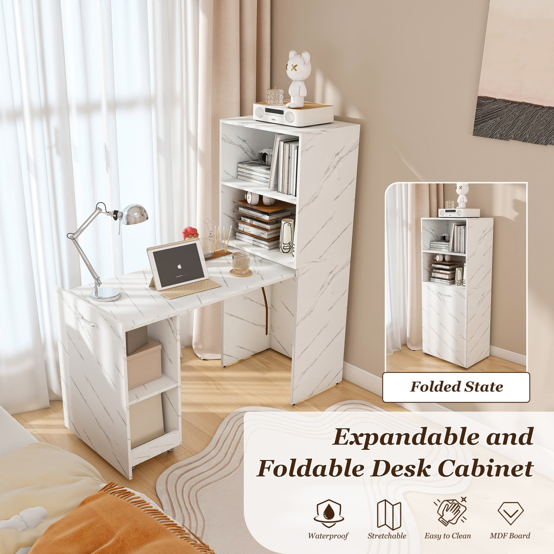 Office Desk,Computer Desk,Stretchable Desk,Foldable Desk with Storage Shelves & Wheels for Small Apartments,Offices,White Marble