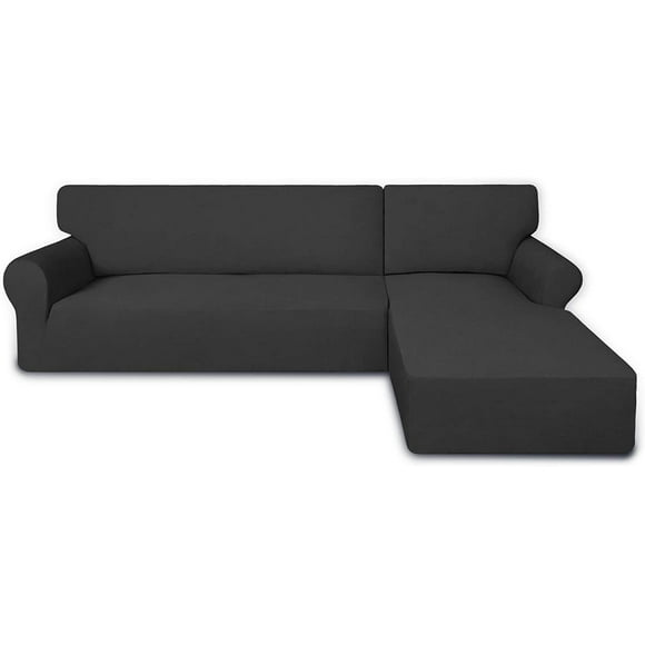 Super Stretch Sectional Couch Covers - 2 pcs Spandex Non Slip Sofa Covers with Elastic Bottom for L Shape Sectional Sofa Couch, Great for Kids & Pets (3 Seat Sofa + 3 Seat Chaise, Dark Gray)