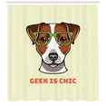 thumbnail image 3 of Jack Russell Shower Curtain, Dog in Smart Glasses with a Geek Words on Cream Toned Background, Fabric Bathroom Set with Hooks, 69W X 75L Inches Long, Green Brown Cream White, by Ambesonne, 3 of 3