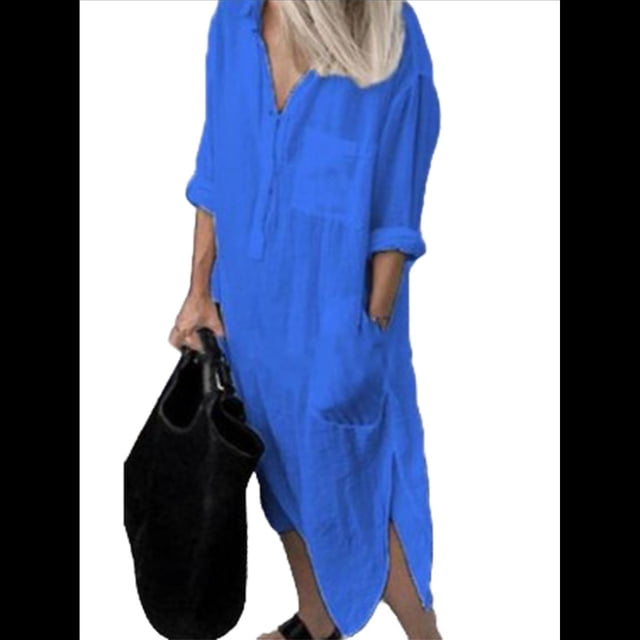 Vestido Camisero Informal de y Algodón para Mujer, Holgado, con Solapa, Botones, Mangas con Puños, Abertura Lateral y Bolsillos Azul Oscuro M