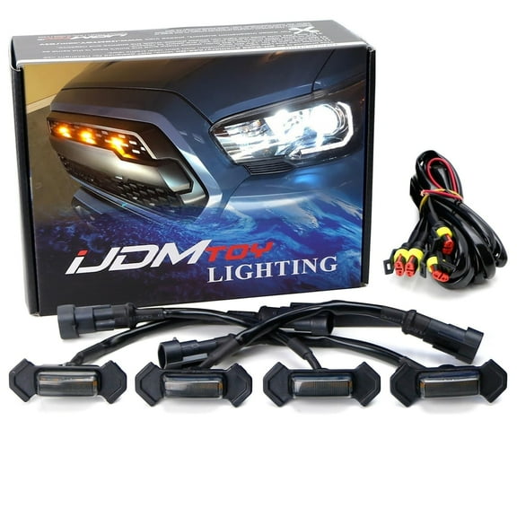 4pc Set Smoked Lens Front Grille Lighting Kit For 2016-2023 Toyota Tacoma w/TRD Pro Grill ONLY, Includes (4) 4-SMD 2500K Amber LED Light Assy & Wiring Harness