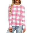 thumbnail image 6 of Tops for Women Long Sleeved Plaid Casual Round Neck Printing Fitting Pit Stripe Blouse Pink S, 6 of 6