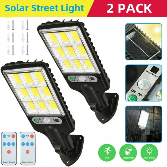2 Pack Solar Street Light, 1000W LED Solar Lights Outdoor Street PIR Motion Sensor Outdoor Garden Wall Lamp, Dusk to Dawn Wall Spotlight with 3 Lighting Modes & Remote Control