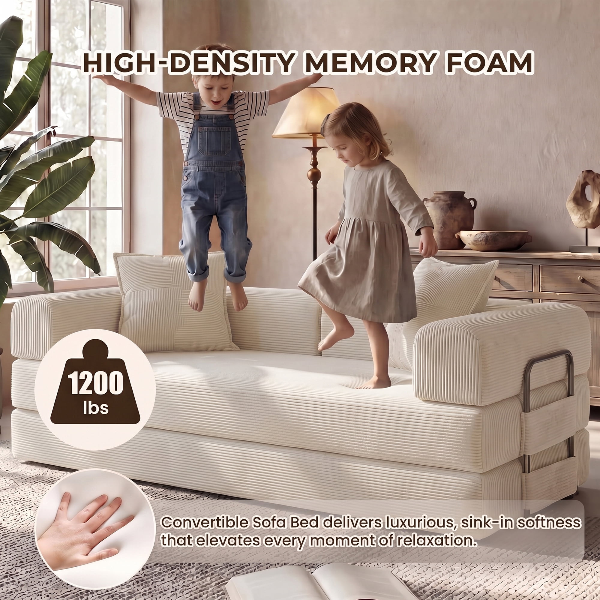 Aukfa 79" Convertible Futon Sofa Bed with Fixed Frame, 5-in-1 Boneless Couch for Living Room, Corduroy, White