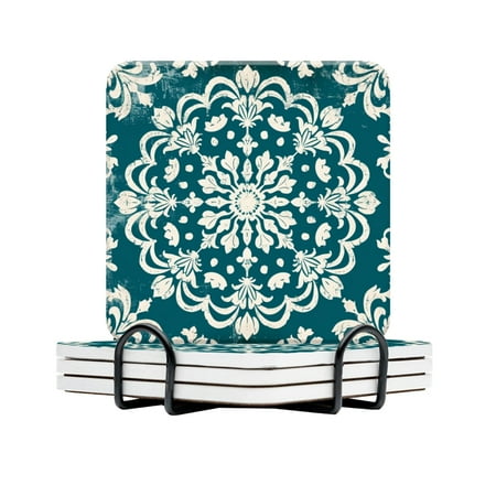 

BaHomeck Drink Coasters Set Of 4 With Holder Retro Teal And White Damask Pattern On Grunge Backgroun Water Absorbent Ceramic Coasters Tabletop Protection Suitable For Various Cup Home Decor
