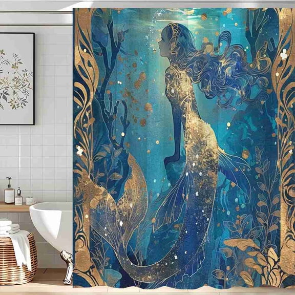 70x70 inch Abstract Blue and Gold Mermaid Underwater Shower Curtain, Waterproof Polyester Fabric with Hooks for Bathroom Decor
