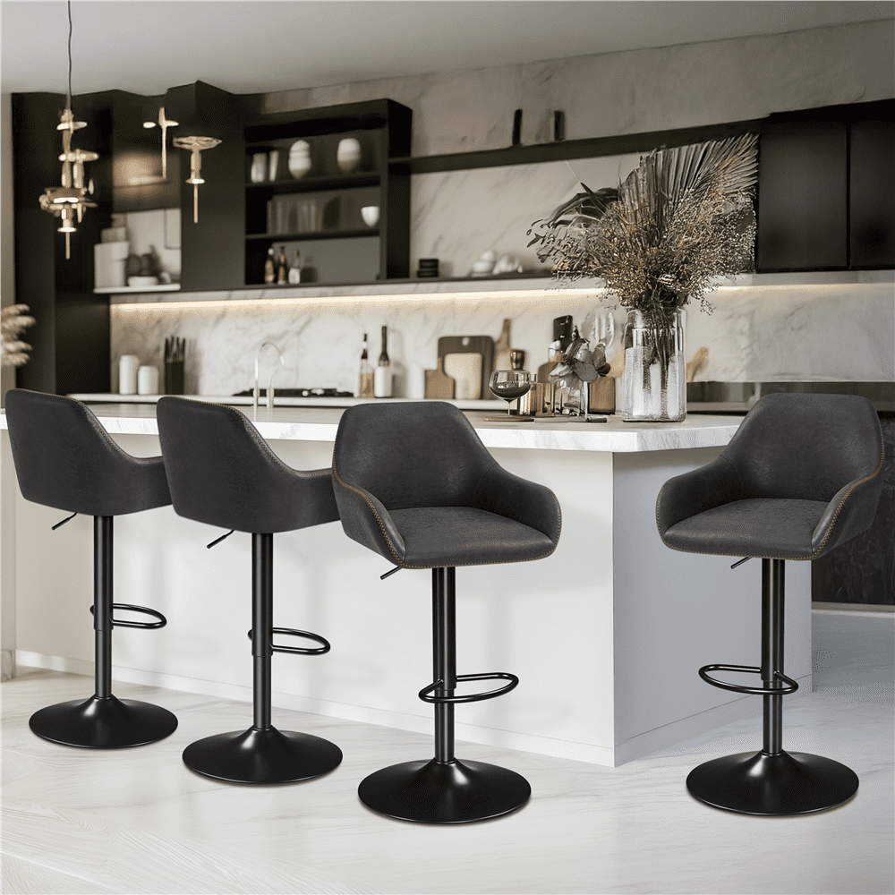 Alden Design Adjustable Vintage Faux Leather Bar Stools with Backrest, Set of 2, Black