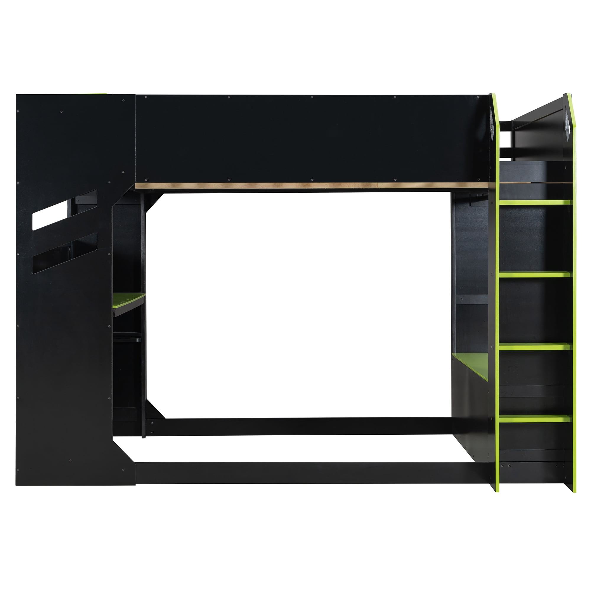 Mintazer Full Gaming Loft Bed with Height Adjustable Desk, Drawers, Storage Compartments, Hanging Rod and RGB Lights for Boys Girls, Black & Green