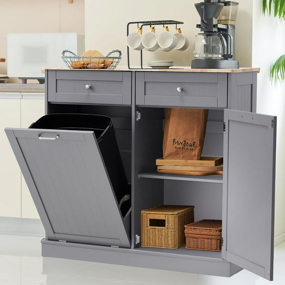 Tilt Out Trash Can Cabinet 13 Gallon, Wooden Garbage Can Holder with Hideaway Drawers, Pet Proof Laundry Hamper Cabinet for Kitchen, Living Room (Grey)