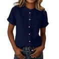 thumbnail image 3 of AKOEE Button Down Linen Shirts for Women Collarless Short Sleeve Casual Dressy Blouses Summer Tops Loose Fit (S, Dark Blue), 3 of 8