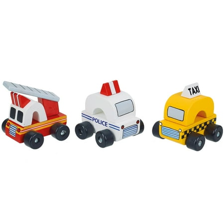 Orange Tree Toys: First Trucks – New York Vehicles – 3 Wooden Chunky Toy Push Cars Taxi Cab Police Car & Fire Truck Toddler & Kids Ages 1+