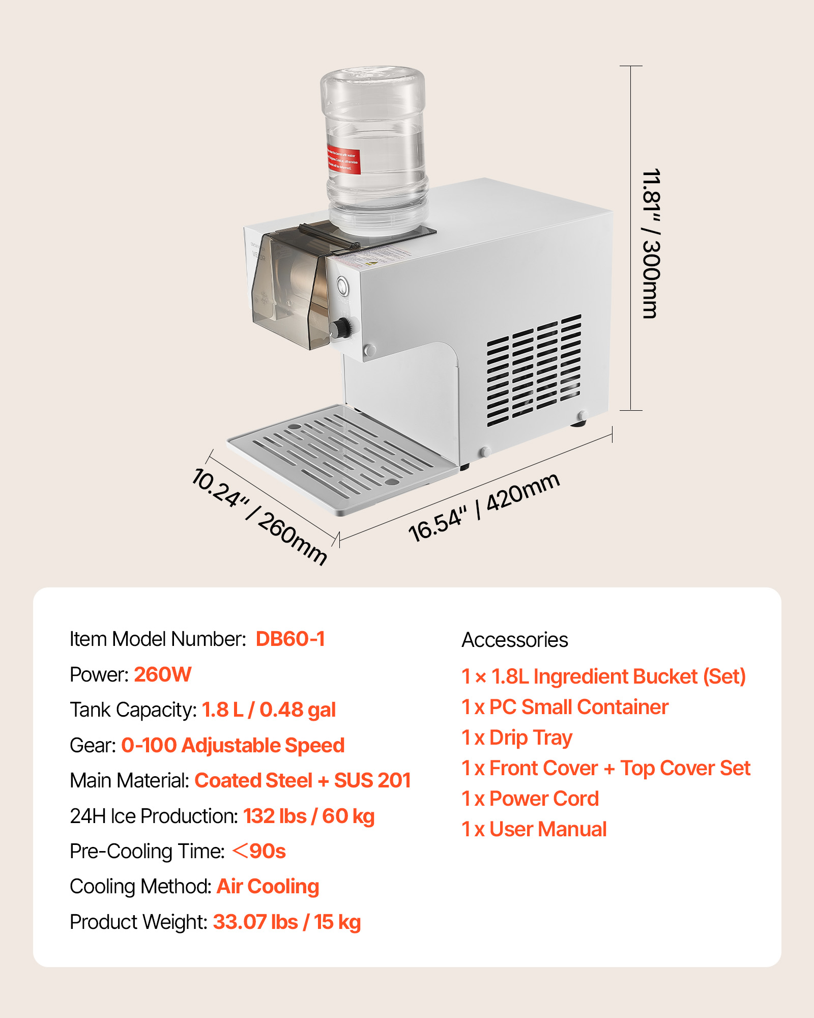 VEVOR Snowflake Ice Machine, 132LBS/24H Snowflake Ice Maker, Ice-Shaver Machine with Stainless Steel Blade, Electric Snow Cone Maker with 0.48Gal Tank, 90S Fast Pre-Cooling,for Home & Small Gathering