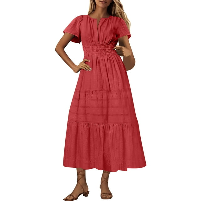 yoeyez Robes de Printemps pour Femmes 2025 Été Robe Midi Maxi Froncée Plissée Manches Courtes Col en V Longue Robe Taille Élastique Robe Bohème de Plage Poches Rouge,TG