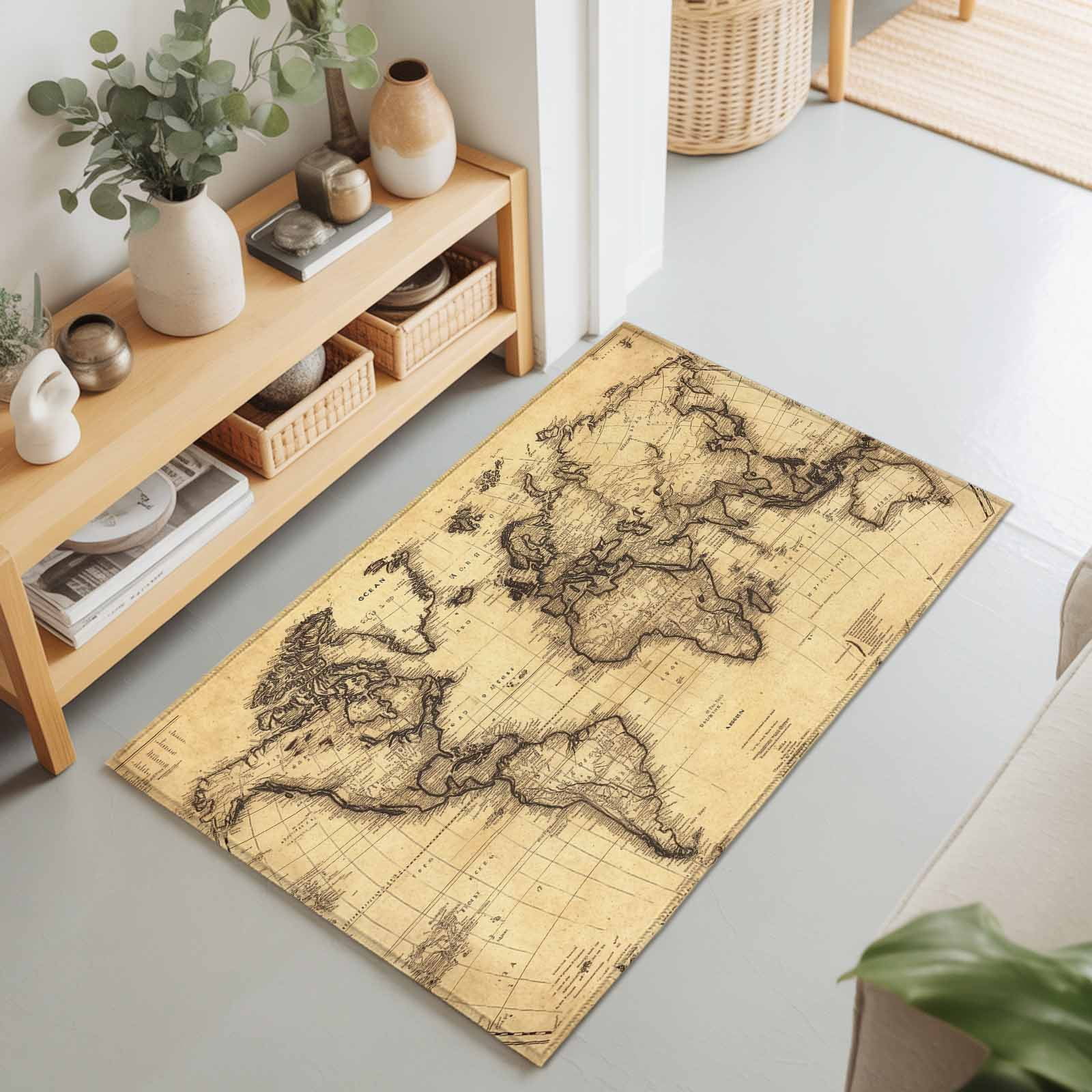 Retro Yellow World Map North America Asia Rectangle Area Rug 2x3ft,Living Room Rug Non-Slip Washable Circle Rugs Pad,Pacific Plate Soft Floor Carpet for Bedroom Dining Room