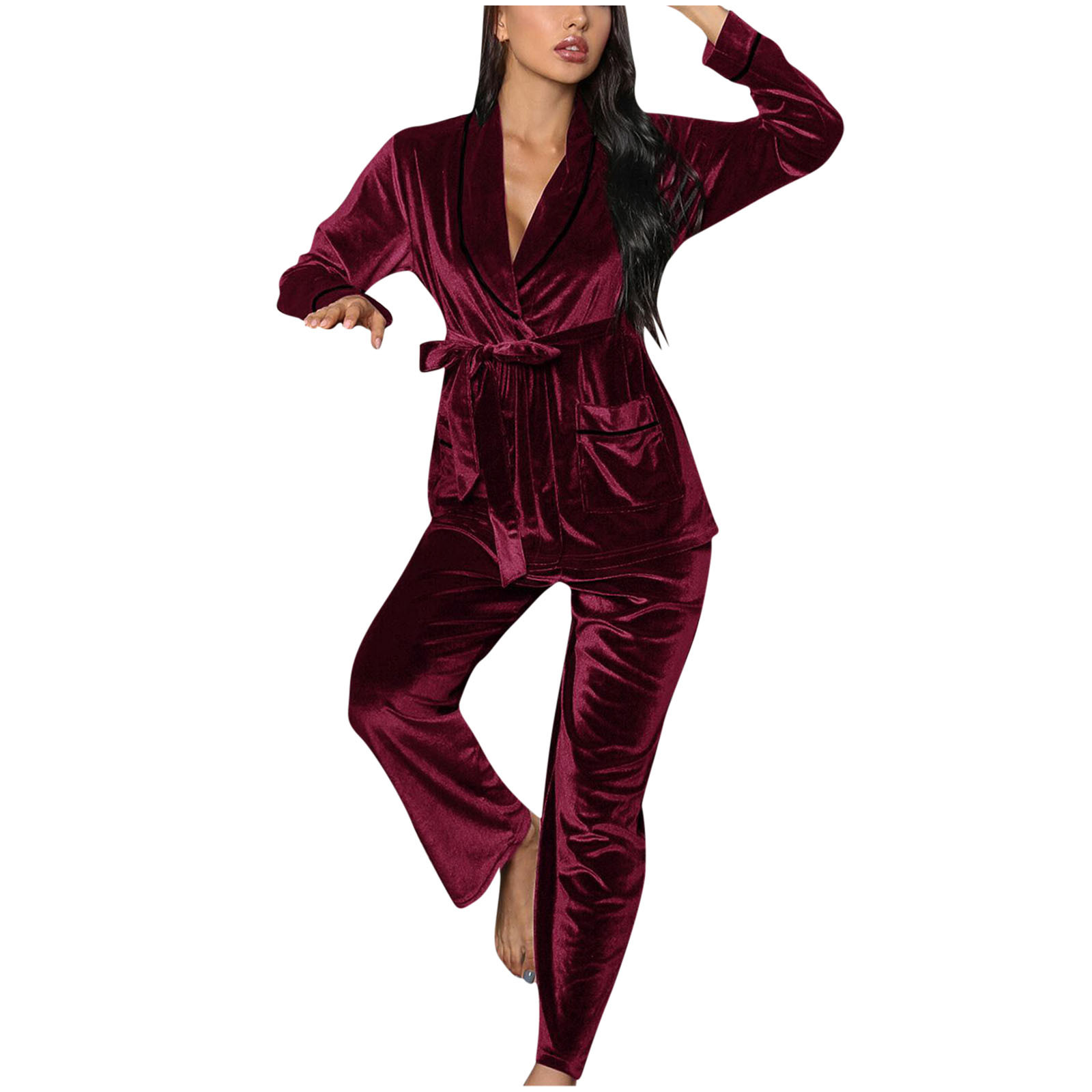 Velour Pjs for Women Sets,Ladies Velvet Pyjama Set Two Pieces Long Sleeve Casual V Neck Wrap Sweatshirt and Lounge Bottoms Nightwear Loungwear Autumn Winter Pajama Sets Sale Clearance - image 1 of 5