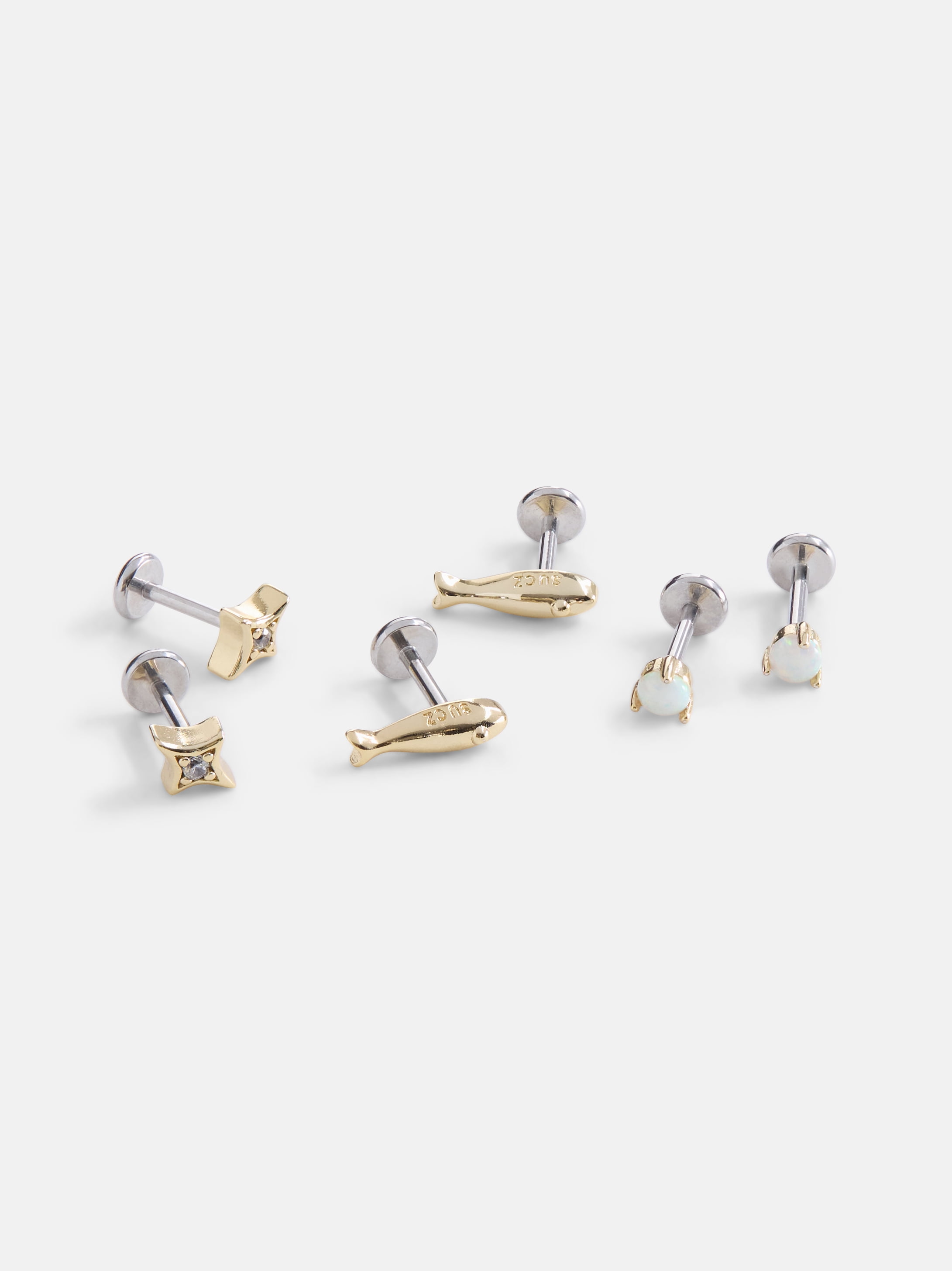 Free Assembly Women's Demi Fine 14K Gold Plated Cubic Zirconia and Simulated Opal Flat Back Stud Earrings Set, 3-Pairs