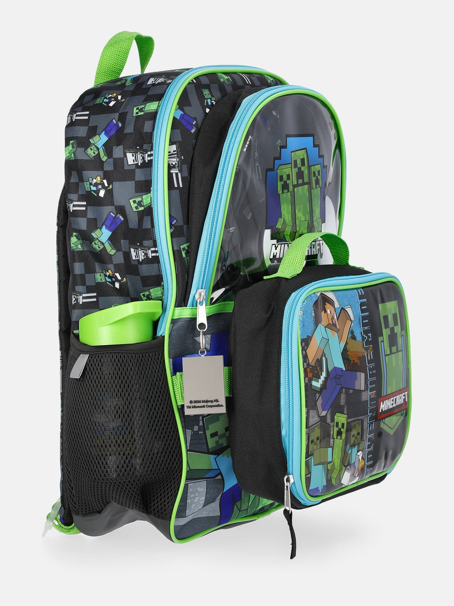 Minecraft Mode Green Backpack Set with Lunch kit, Headphones and Water Bottle