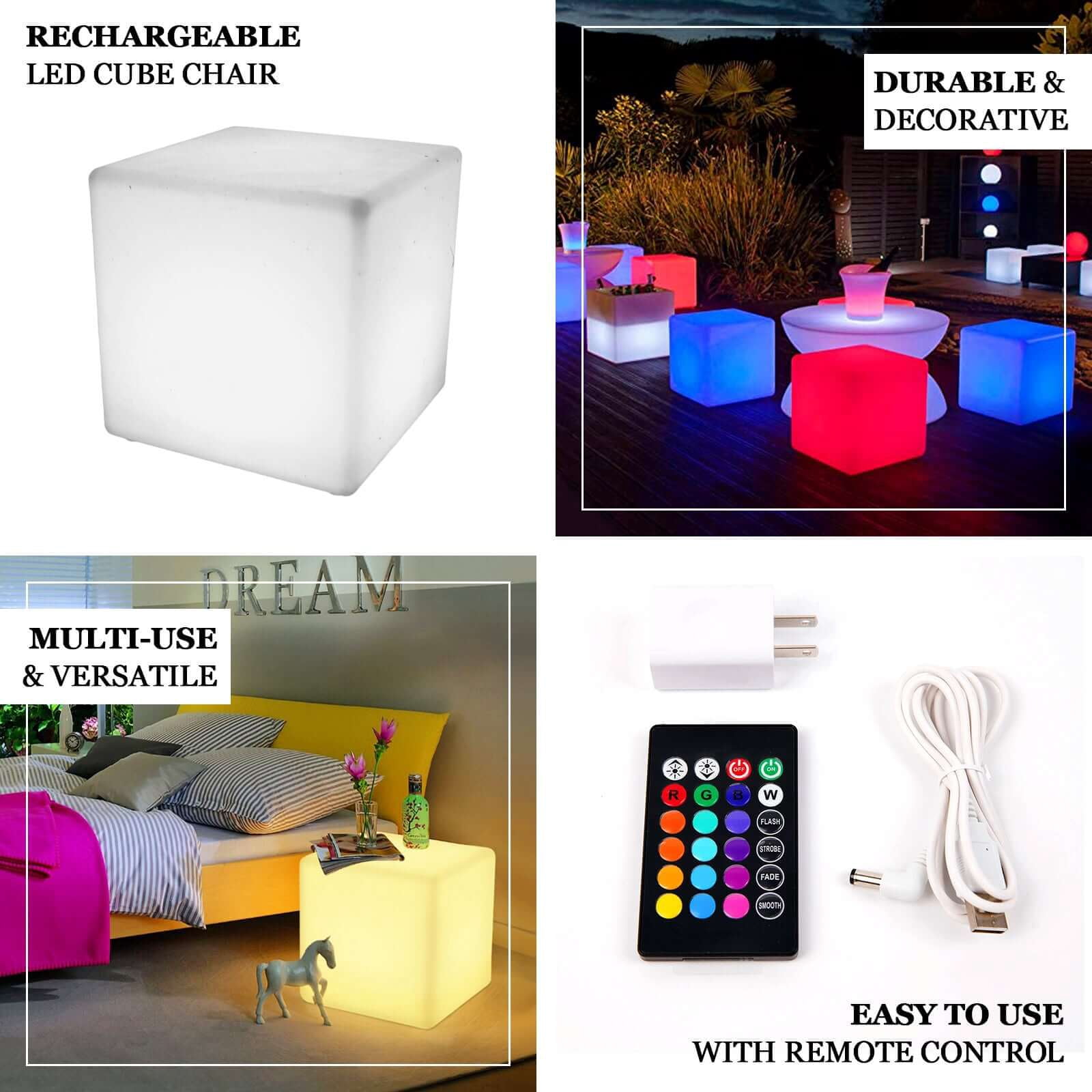 Efavormart 15.5" Cordless LED Rechargeable Light Cube Illuminated Furniture Stool - Color Changing, Waterproof with Accessory Bag