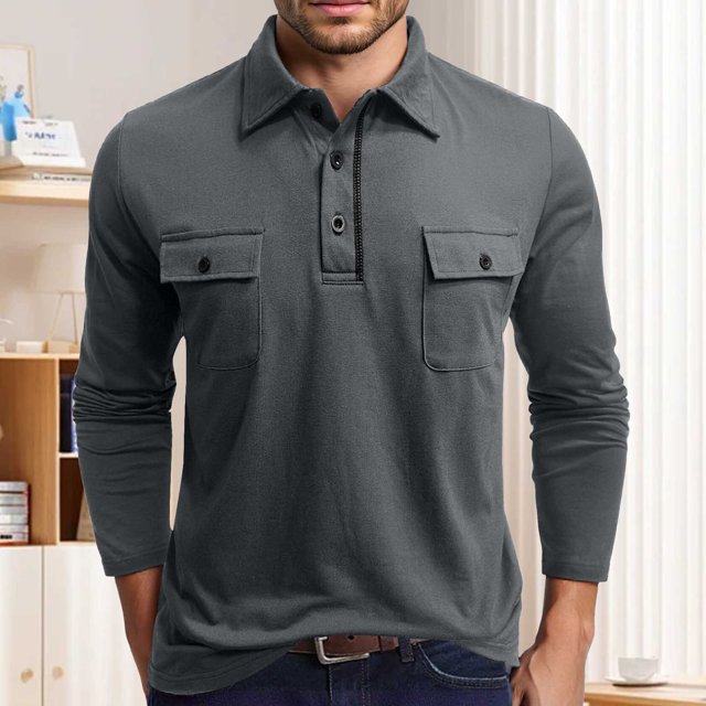 Adult Polo Shirt Men Long Sleeve Button Tees Shirts Basic Gray Mens Casual Outfits