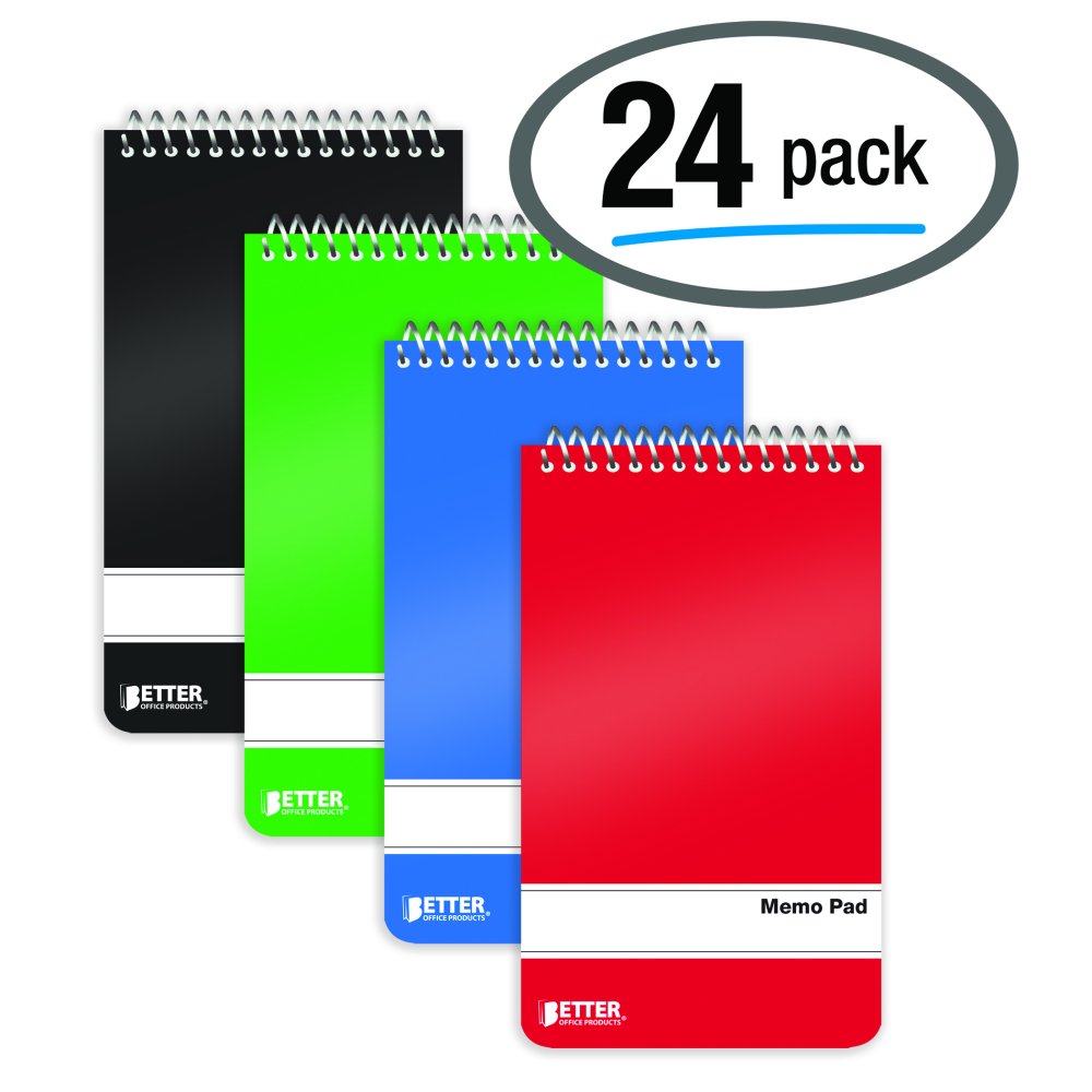 Spiral Memo Pads, 24 Pack, 3 x 5 inches, 60 Sheets, College Rule, by