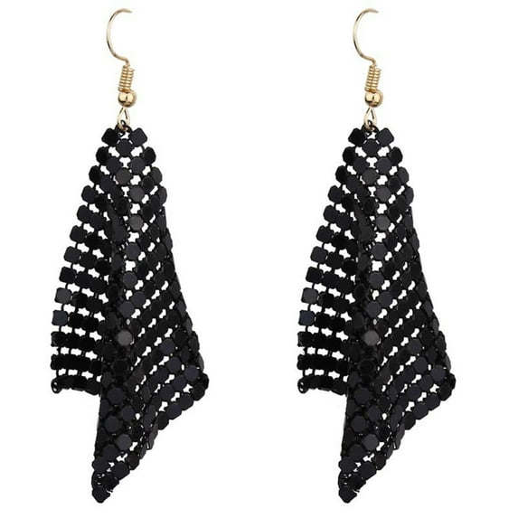 Grandest Birch Women Sequins Mesh Dangle Drop Hook Earrings Club Evening Party Jewelry Alloy Black