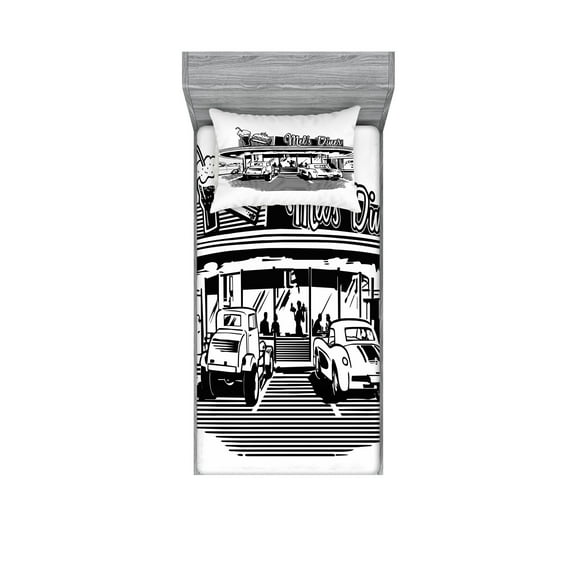 Ambesonne Black White Fitted Sheet & Pillow Sham Set, Nostalgic Retro Car, Twinxl, Black White