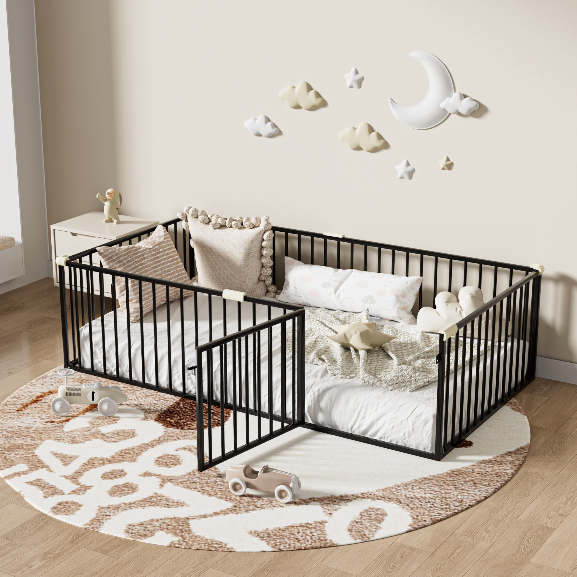 Twin Size Montessori Floor Bed with Safety Fence and Door, Metal Floor Bed Frame with Rails, Minimalist Versatile Floor Bed for Children Bedroom, Toddlers, Boys Girls, Kids Playroom, Black