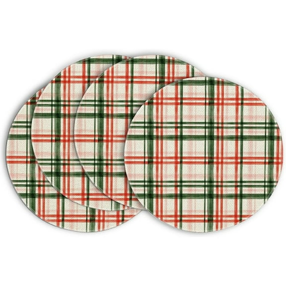 Jinswick Buffalo Plaid Merry Christmas Round Placemats Set of 4, 14 Inch Winter Round Table Mats for Dining Decoration