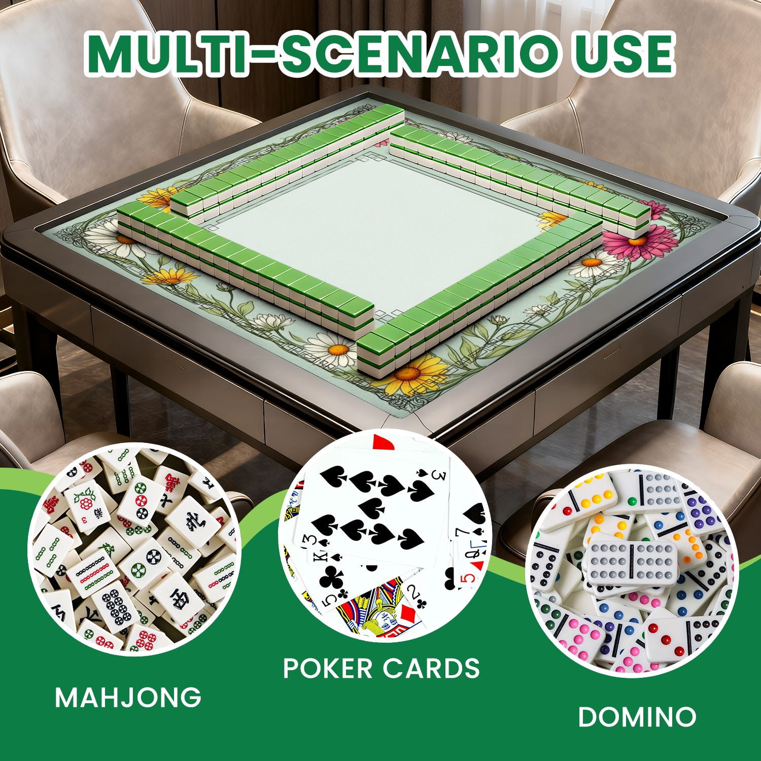 Mahjong Mat 31.5" x 31.5" Floral Border Daisies Sunflowers Soft Pastel Colors Non-Slip Noise Reduction American Mahjong Tiles Table Cover for Dominoes Poker Card Board Games Gift