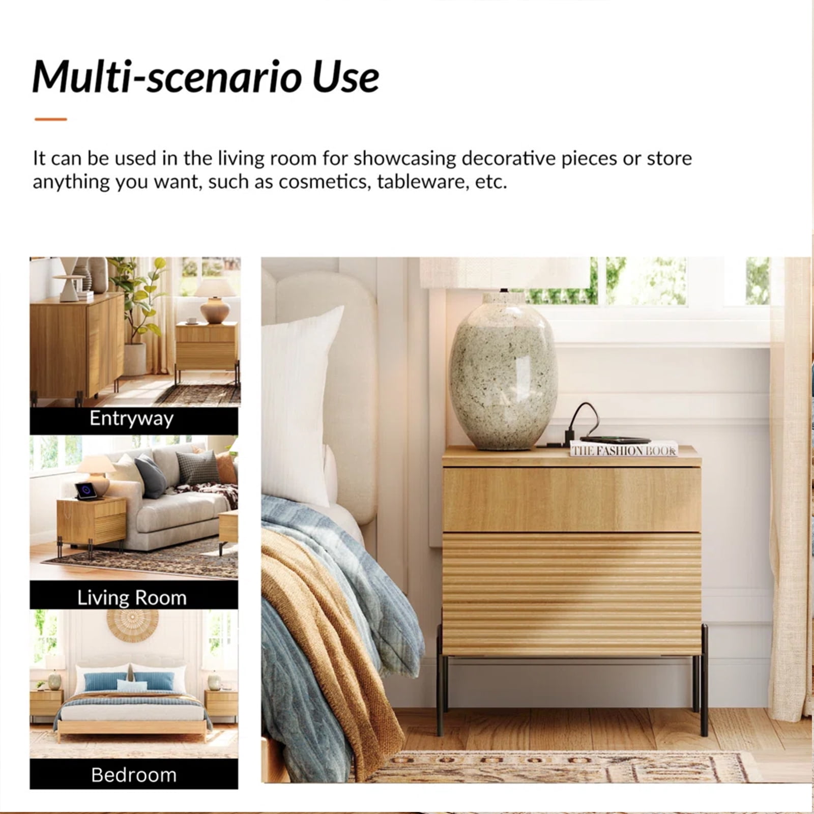 Modern Minimalist Nightstand Set Of 2, Reeded Wood End Table Set Of 2 With Built-In Charging Station For Bedroom, Living Room,Entryway