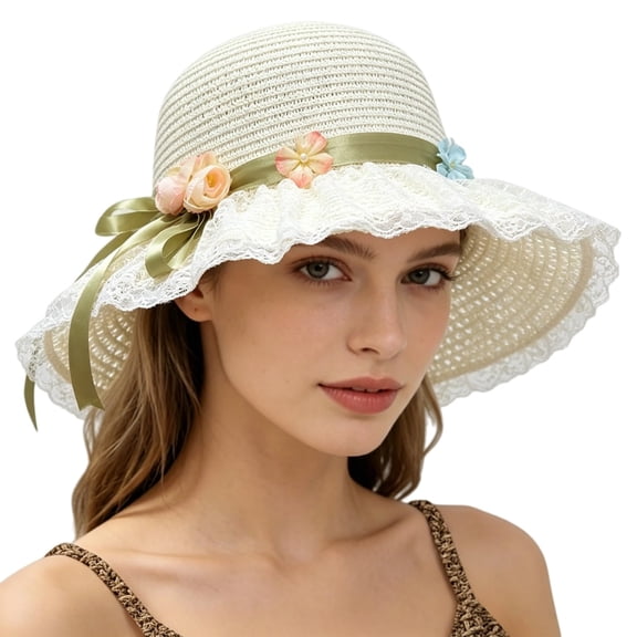 Delayuji Womens Bowknot Hat Hand Woven Lightweight Breathable UV Protection Floral Decor Elegant beach hat Daily Travel Casual Floral Hat Outdoor Sun Hat