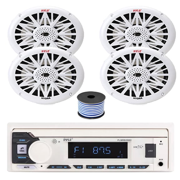 Pyle PLMRB29W2 Single DIN Marine Bluetooth MP3 Stereo Receiver, 4x 6x9" 260 Watt Full Range Marine Speakers (White), Wire