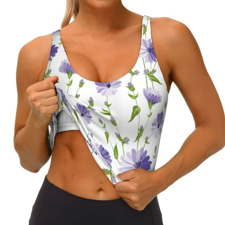 Qokaie Purple Chicory Pattern Womens Scoop Neck Sports Bra Breathable Workout Vest Padded U Back Medium Impact Fitness Gym Yoga Bra Workout Crop Top