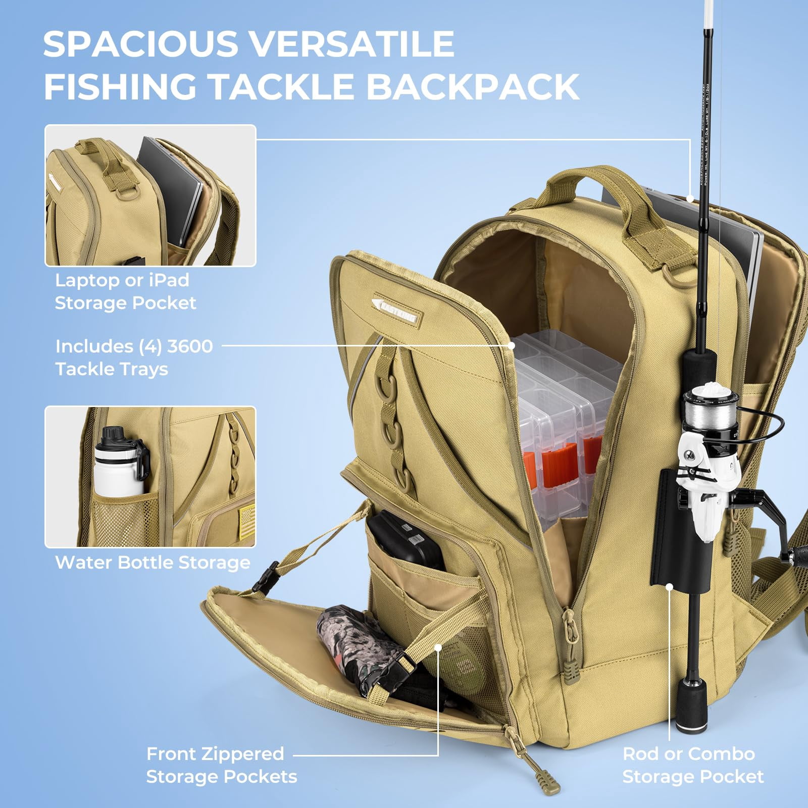 Karryall Fishing Tackle Backpack With Rod Holder 4 Boxes 40/26l Bag Storage Gear And Equipment