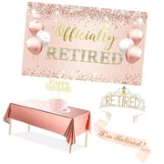 SKYSONIC Rose Themed Retirement Party Decorations, 5pcs Set Featuring Happy Retired Banner, Tiara & Crown, Cake Topper, Perfect for Women's Retirement Celebrations