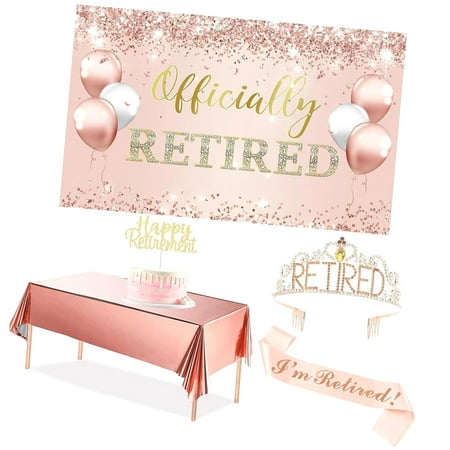 SKYSONIC Rose Themed Retirement Party Decorations, 5pcs Set Featuring Happy Retired Banner, Tiara & Crown, Cake Topper, Perfect for Women's Retirement Celebrations