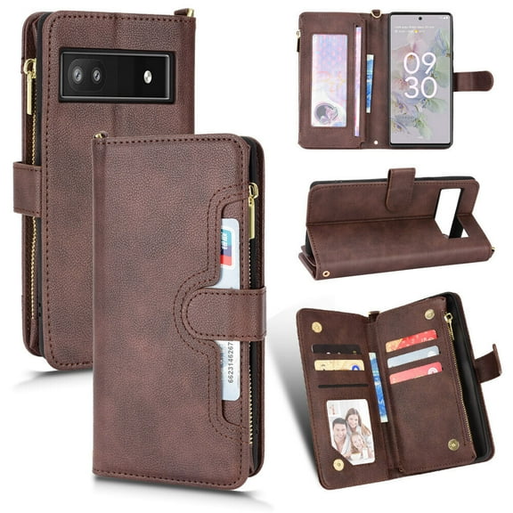 Case for Google Pixel 6A 5G Cover Zipper Magnetic Wallet Card Holder PU Leather Flip Case - Brown