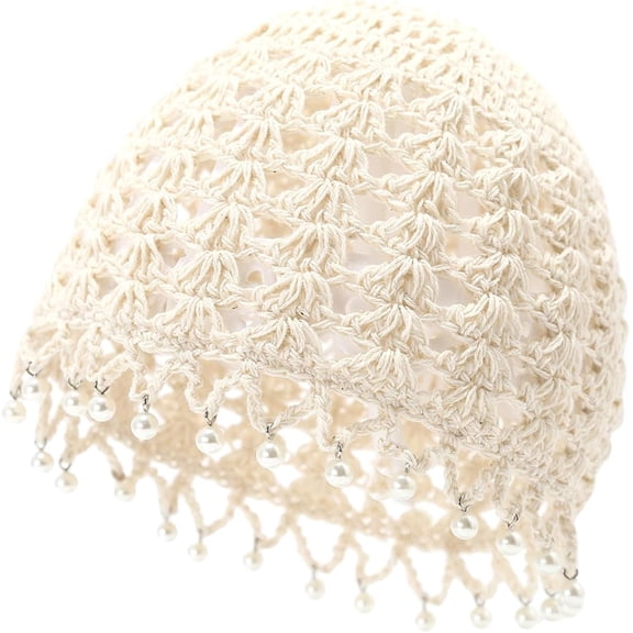 SHILINLANG Crochet Hat for Women Handmade Cotton Summer Beanie with Pearl Trim Boho Skull Cap for Beach Vacation Daily Wear