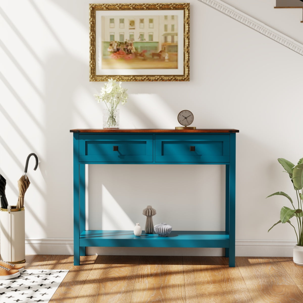 Console Table with Storage, Farmhouse Entryway Table, Rustic Sofa Table with 2 Drawers and Bottom Shelf for Living Room, Hallway, Foyer, Antique Blue
