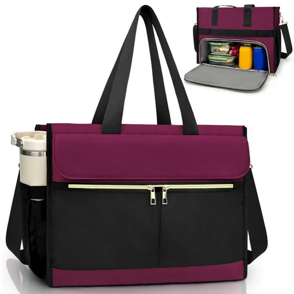 Lunch Bag for Women with 15.6" Laptop Compartment, Insulated Tote Bag, Waterproof Work Tote with 40oz Side Pockets（Purple）