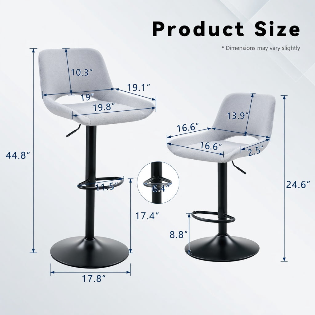 Hommoo 2-Pack Modern Swivel Bar Stools, Adjustable Height, Linen & Black Metal, 360° Rotation, 250 lb Capacity, for Kitchen Island & Home Bar, Light Gray