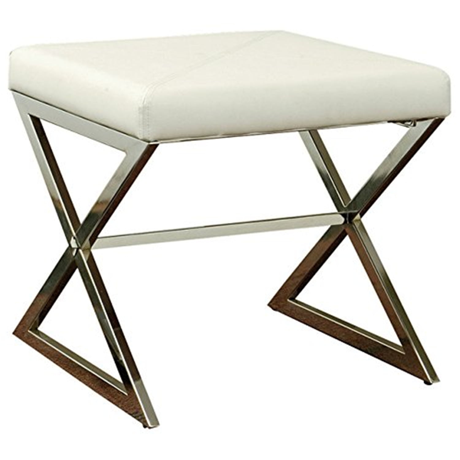 Faux Leather Ottoman with Metal Base White and Chrome
