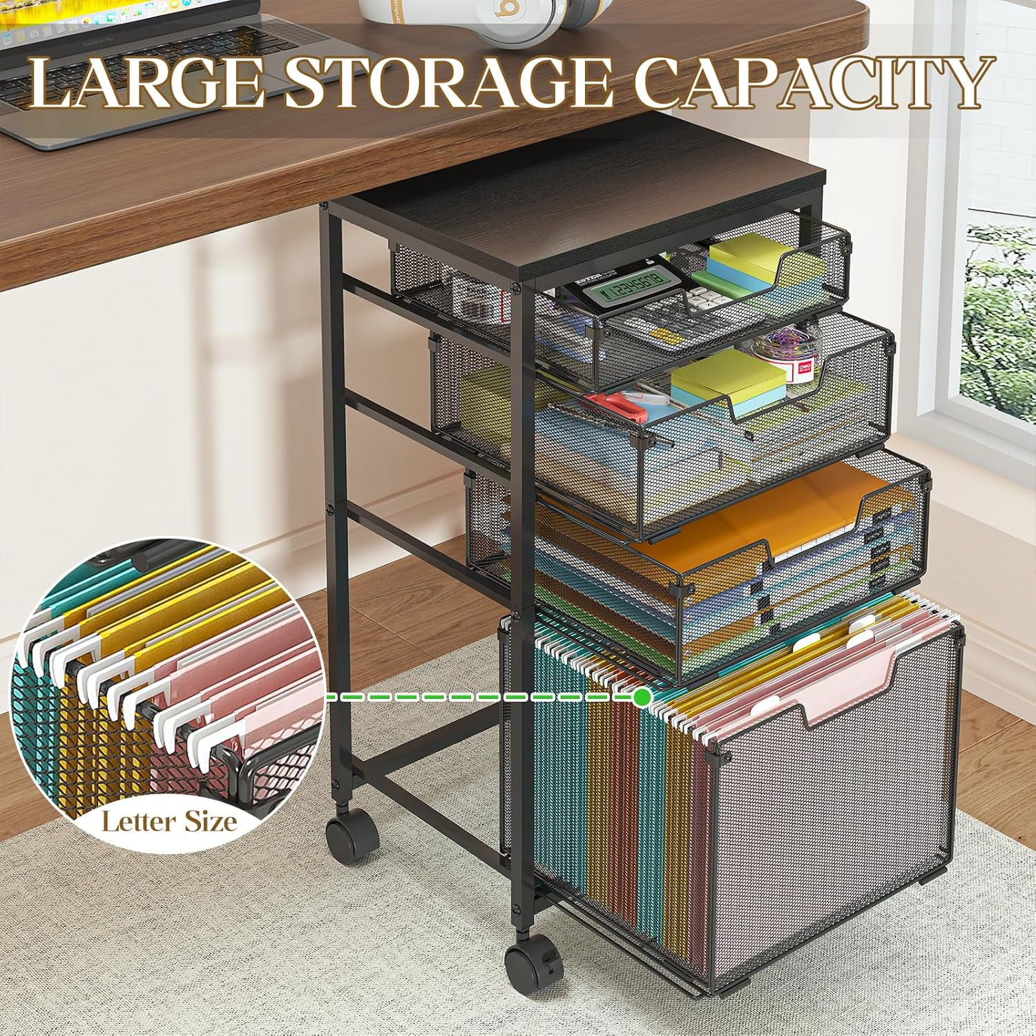 Xcosrack 4-Drawer Rolling File Cabinet, Mobile Under Desk Storage Cart with Wood Top & Steel Frame, Letter Size Hanging File Organizer for Home Office, Black